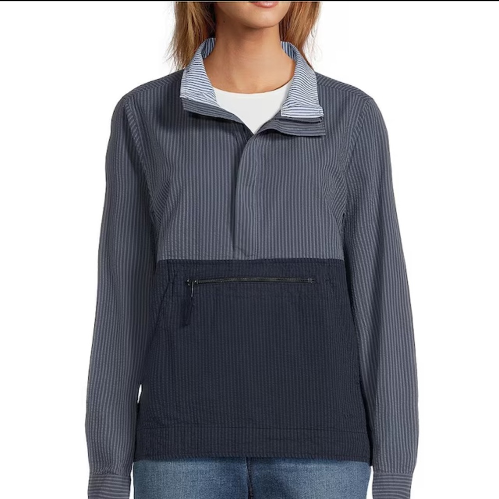 Women’s L.L.Bean Seersucker Anorak Mock Neck Half Zip Pullover Long Sleeve Sml
